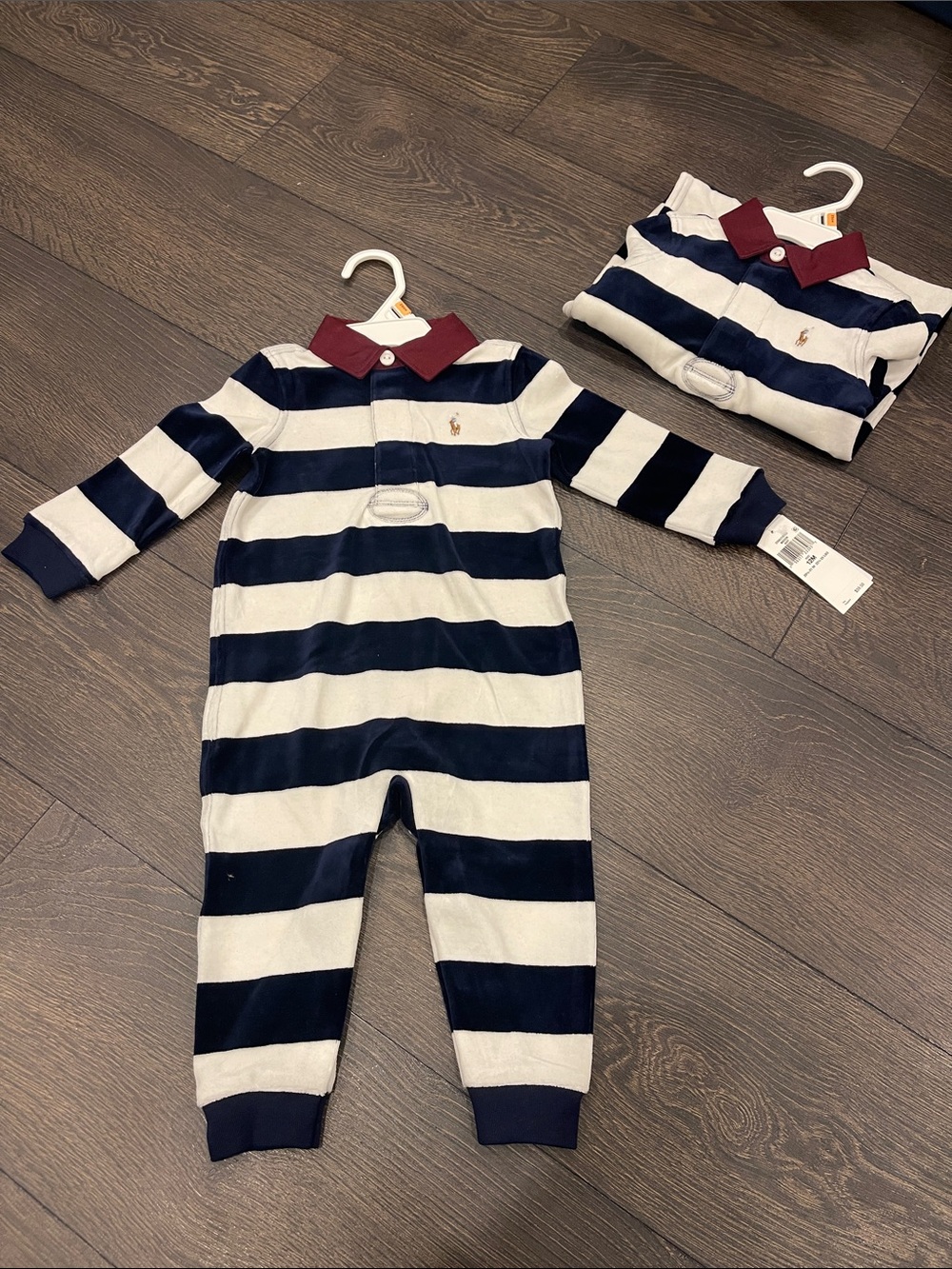 Ralph Lauren Navy & White Stripe Cotton Baby One-Piece with Burgundy Collar